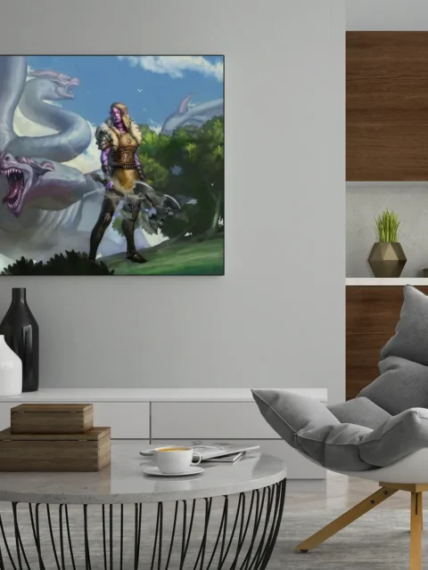 Multiple serpent heads rising against a bright sky