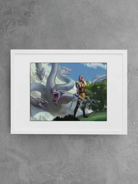 Foreground figure contrasted with sweeping creature forms