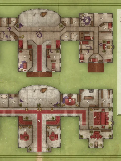 Top-down fantasy map of a mayoral mansion with halls and private chambers