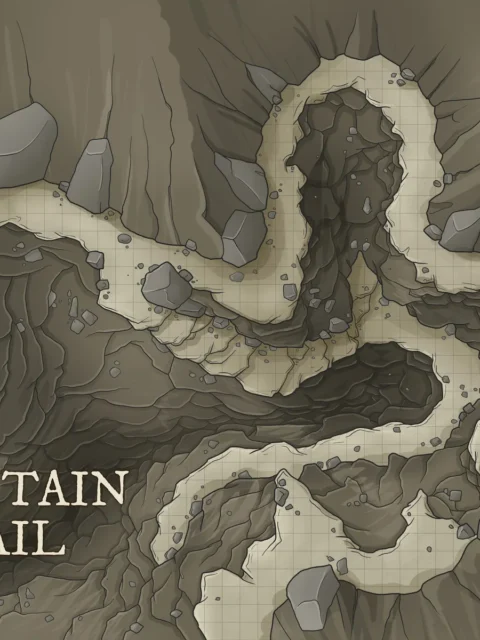 Top-down fantasy map of a winding mountain trail through rocky terrain