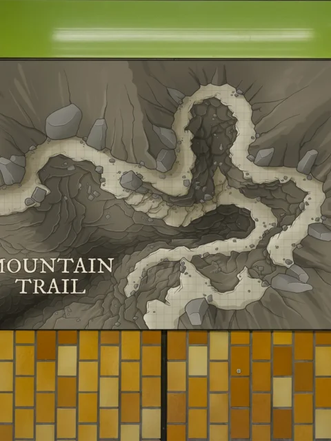 Fantasy wilderness map showing a rugged trail carved into stone