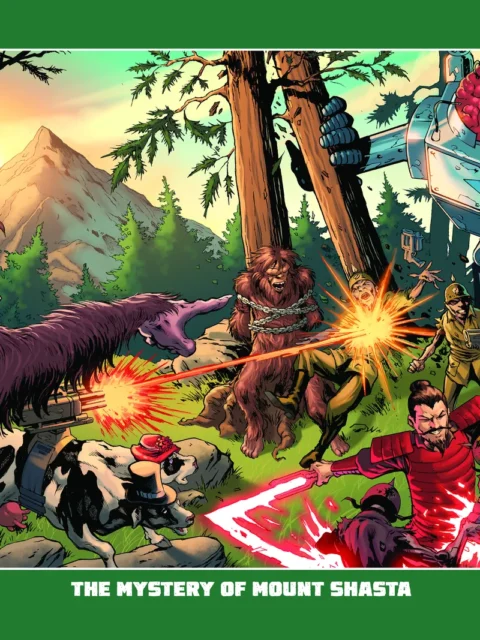 Mount Shasta cryptid battle in forest setting