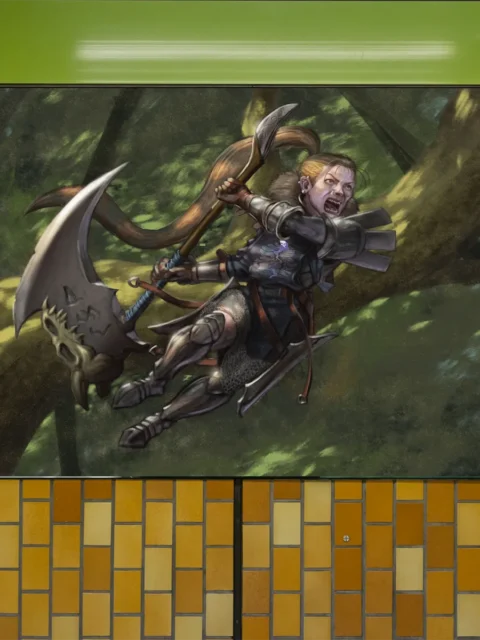 Armored warrior swinging a massive curved weapon