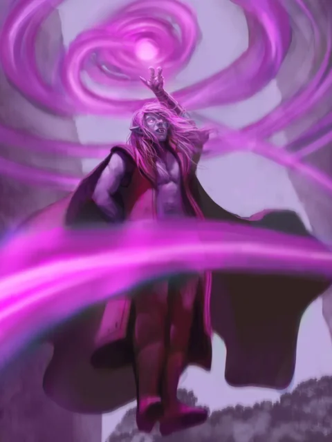 Violet magical vortex spiraling above a spellcaster