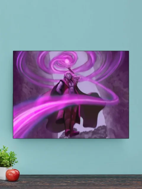 Floating figure channeling purple energy in stone chamber