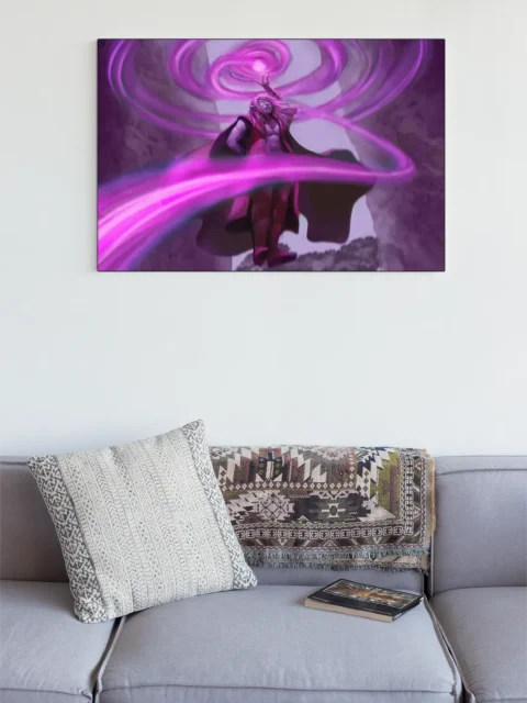 Flowing cloak and hair caught in magical updraft