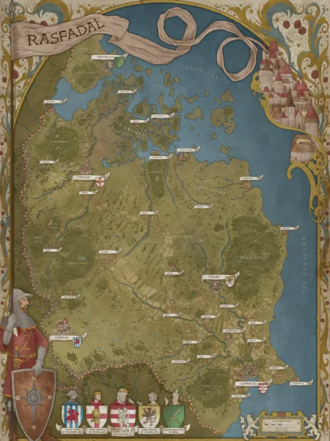 Regional fantasy map of the New Kingdom of Rasfdal with labeled settlements