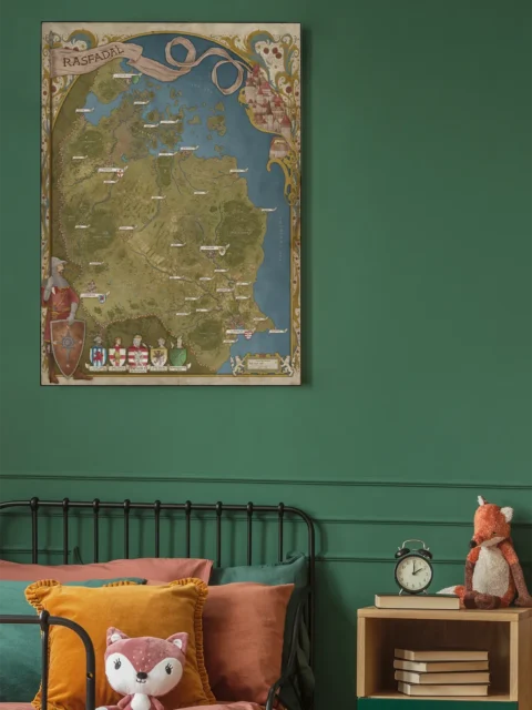 Illustrated fantasy map of Rasfdal featuring cities and heraldic elements