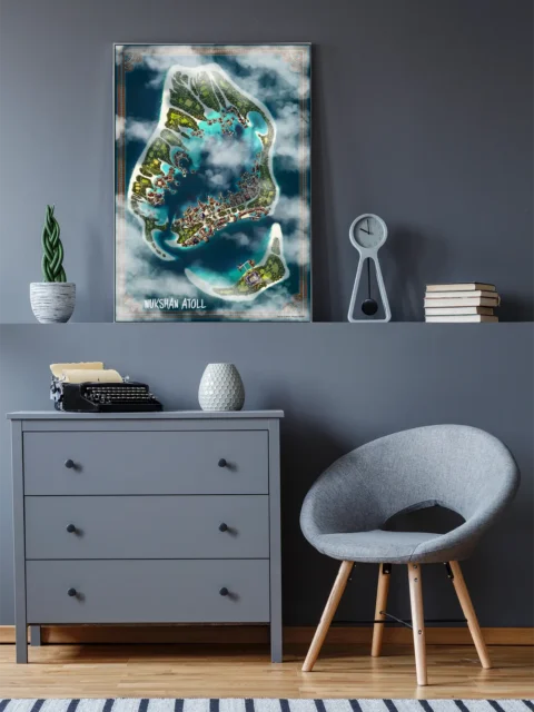 Overhead view of Harkenwell village map illustration and fields