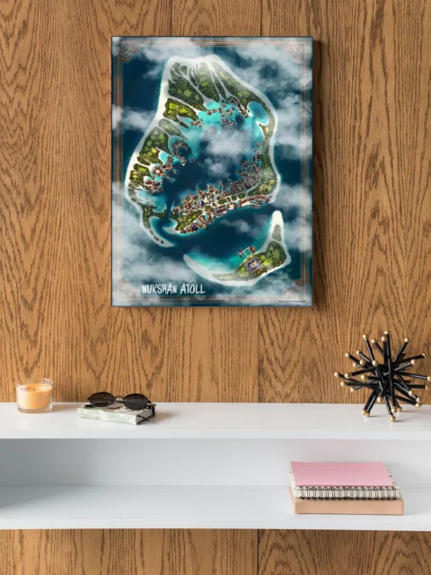 Illustrated rural settlement beside a narrow river