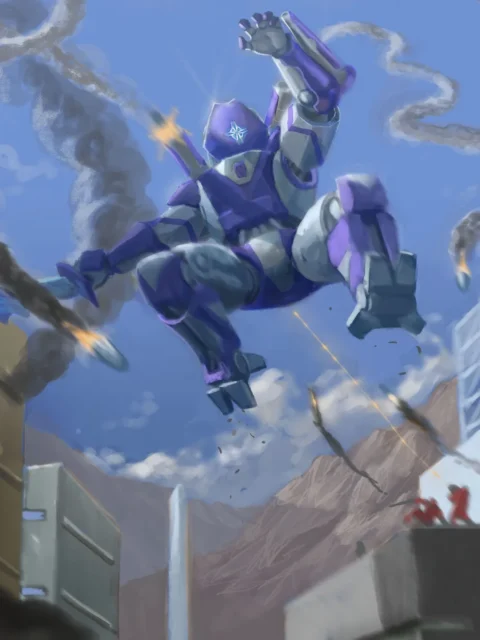 Futuristic mech firing missiles during urban assault