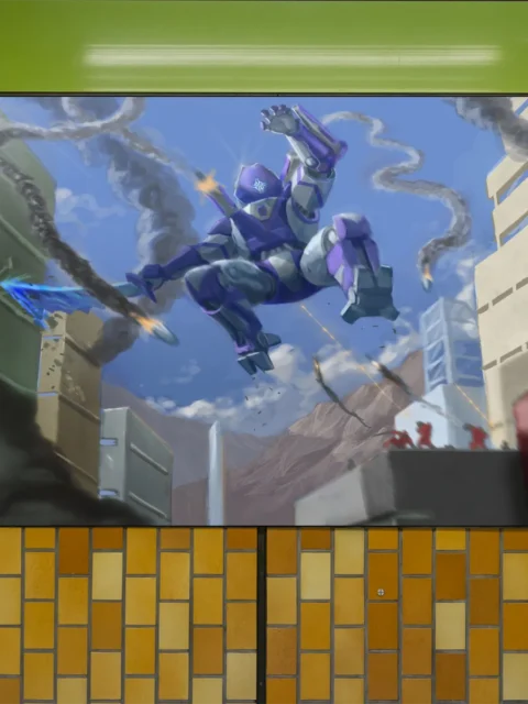 Armored robot mid-air with smoke trails and explosions