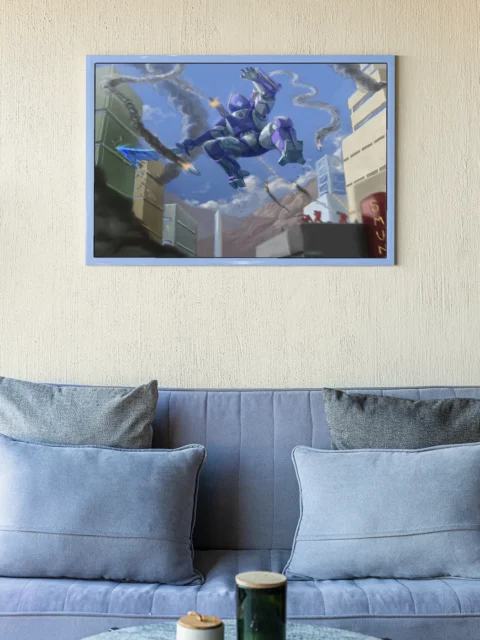 ORCM52 combat mech leaping above city buildings