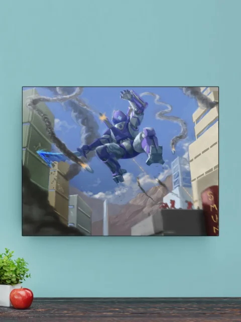 Mechanical figure launching attack in futuristic battle