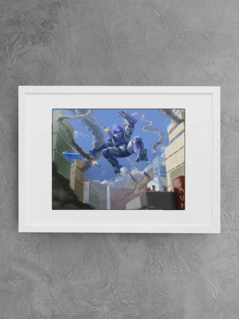 Sci-fi mech framed against blue sky and cityscape