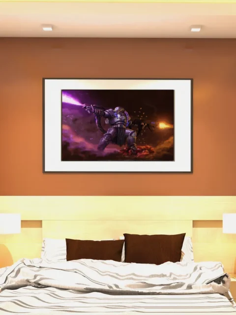 Armored warrior discharging glowing plasma weapons