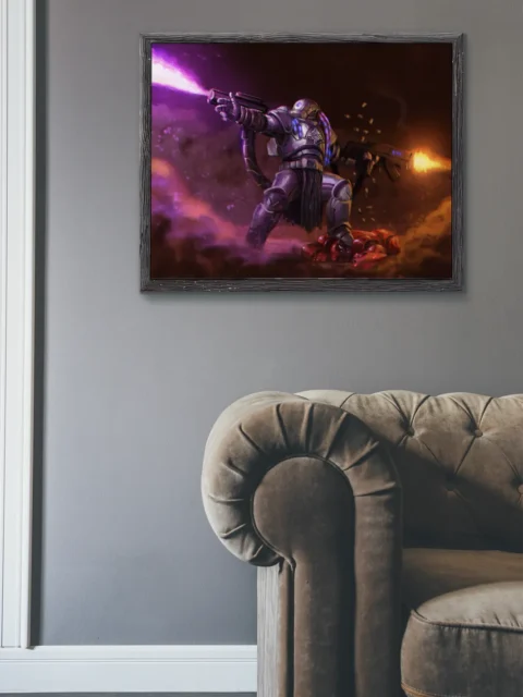 Mechanical soldier illuminated by purple energy