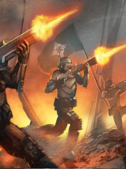 Origin infantry soldiers firing rifles through smoke