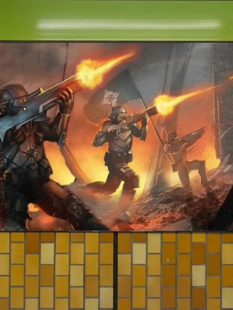 Armored origin infantry advancing under heavy fire