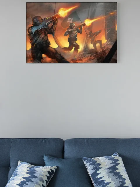 Futuristic infantry squad illuminated by muzzle flashes