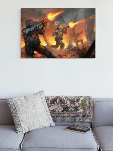 Sci-fi soldiers moving across burning battlefield