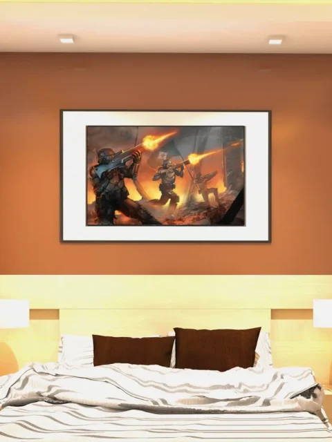 Infantry figures silhouetted against fire and debris