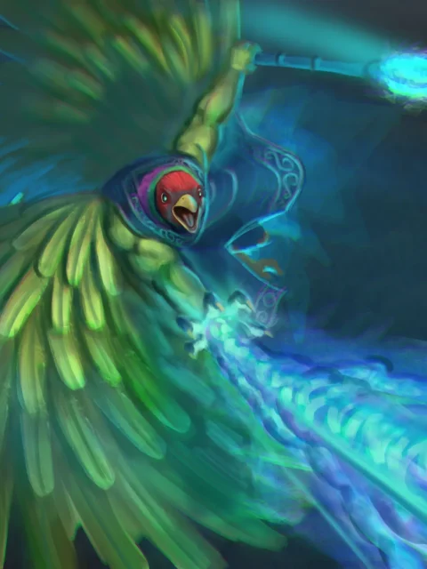 Winged caster unleashing a glowing arcane beam across dark air