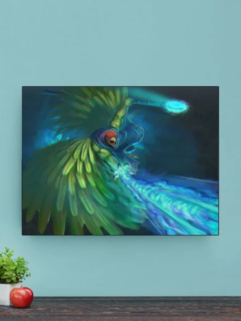 Dynamic fantasy scene with feathers, motion, and light