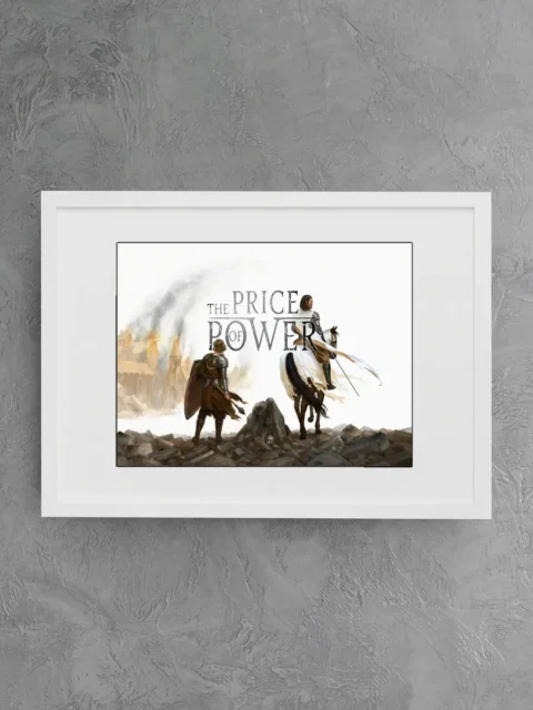 Burning city and smoke behind standing warrior