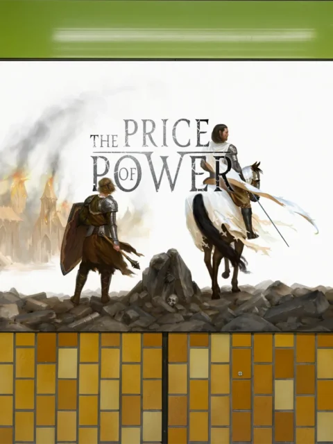 Shield bearer facing rider among broken stone