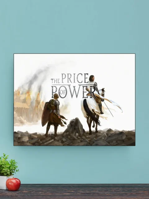 Rubble and fire framing tense fantasy standoff