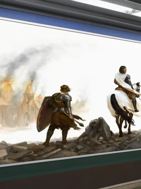 Armored rider on white horse looking back