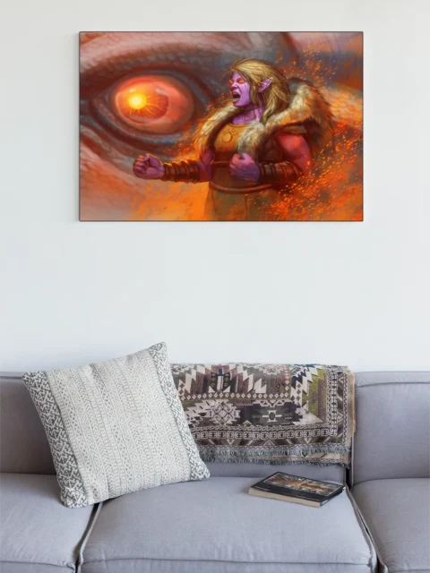 Purple skinned warrior shouting before a massive beast eye