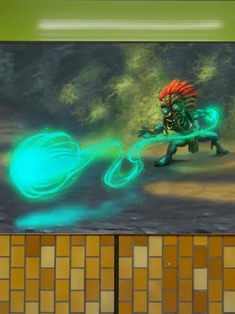 Close view of glowing spell in Pygmy Uwakuun spirit caster artwork