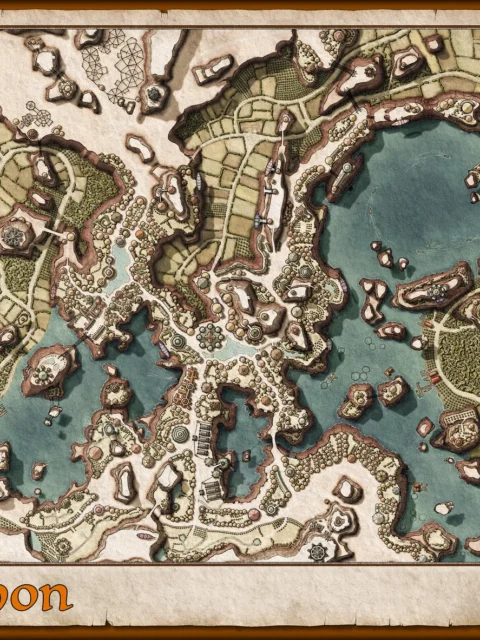 Rarthon lake city map showing islands and waterways
