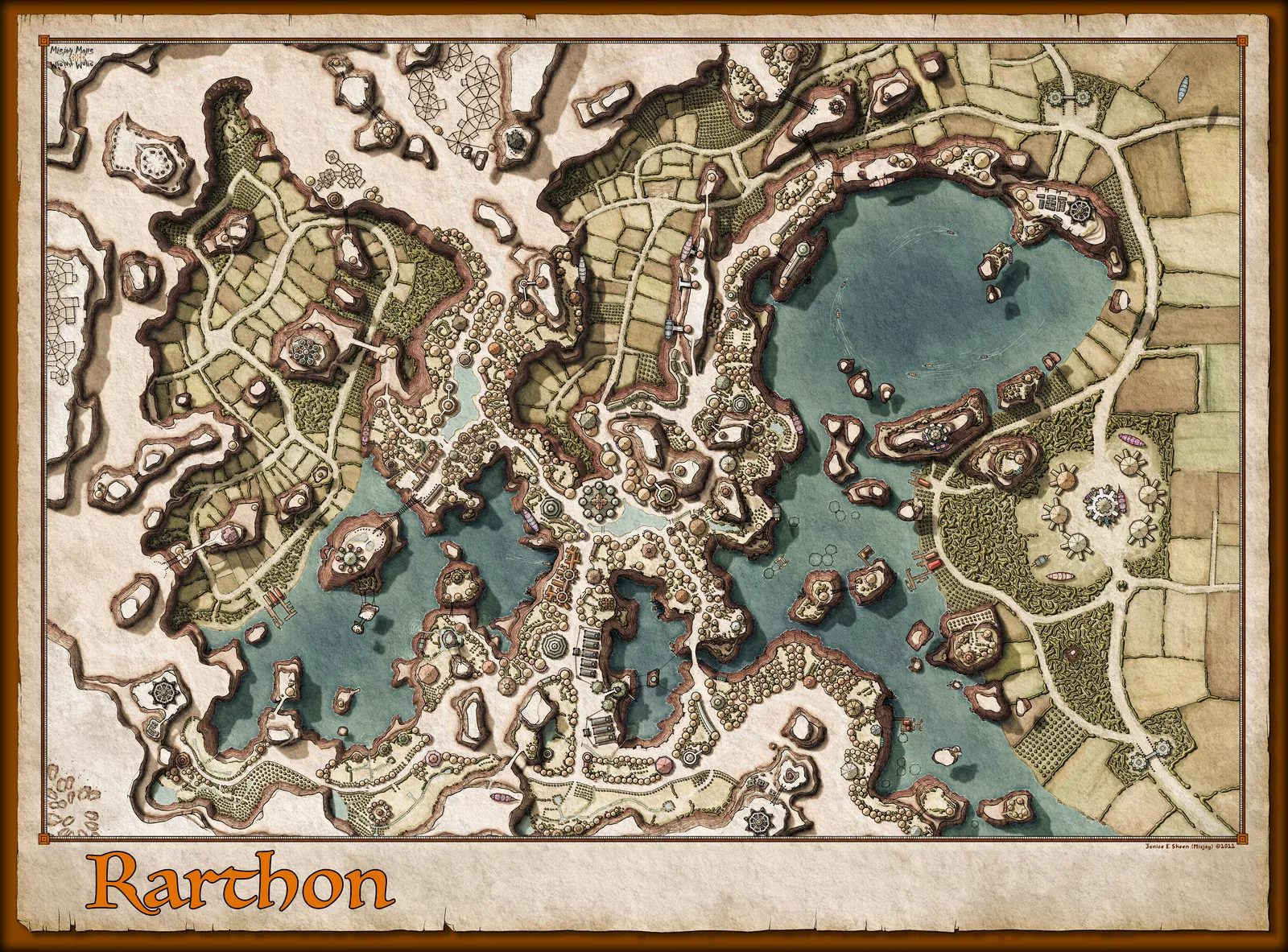 Rarthon lake city map showing islands and waterways