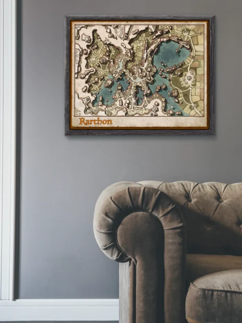 Detailed Rarthon lake city map with districts and routes