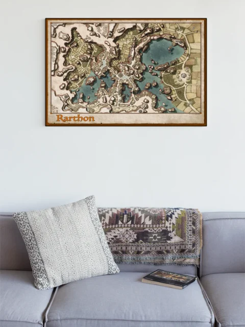 Illustrated lakeside city with dense urban clusters