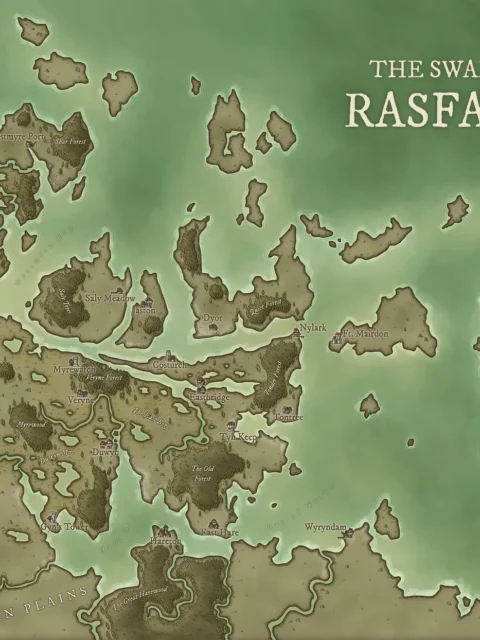 Fantasy map of the Swamps of Rasfadal showing wetlands and islands