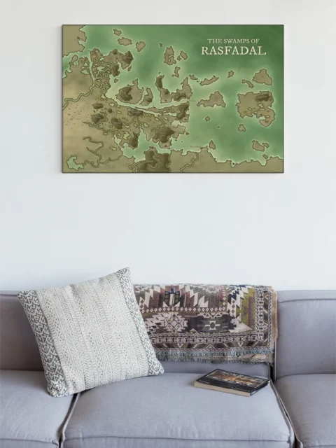 Regional swamp fantasy map with rivers and marsh settlements