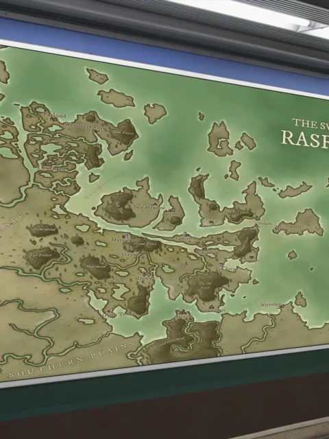 Illustrated fantasy wetland map depicting the Swamps of Rasfadal