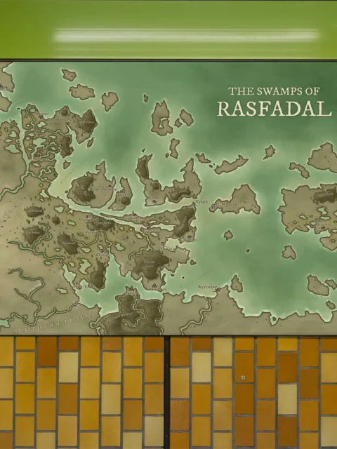 Atmospheric fantasy map of Rasfadal’s swamp region