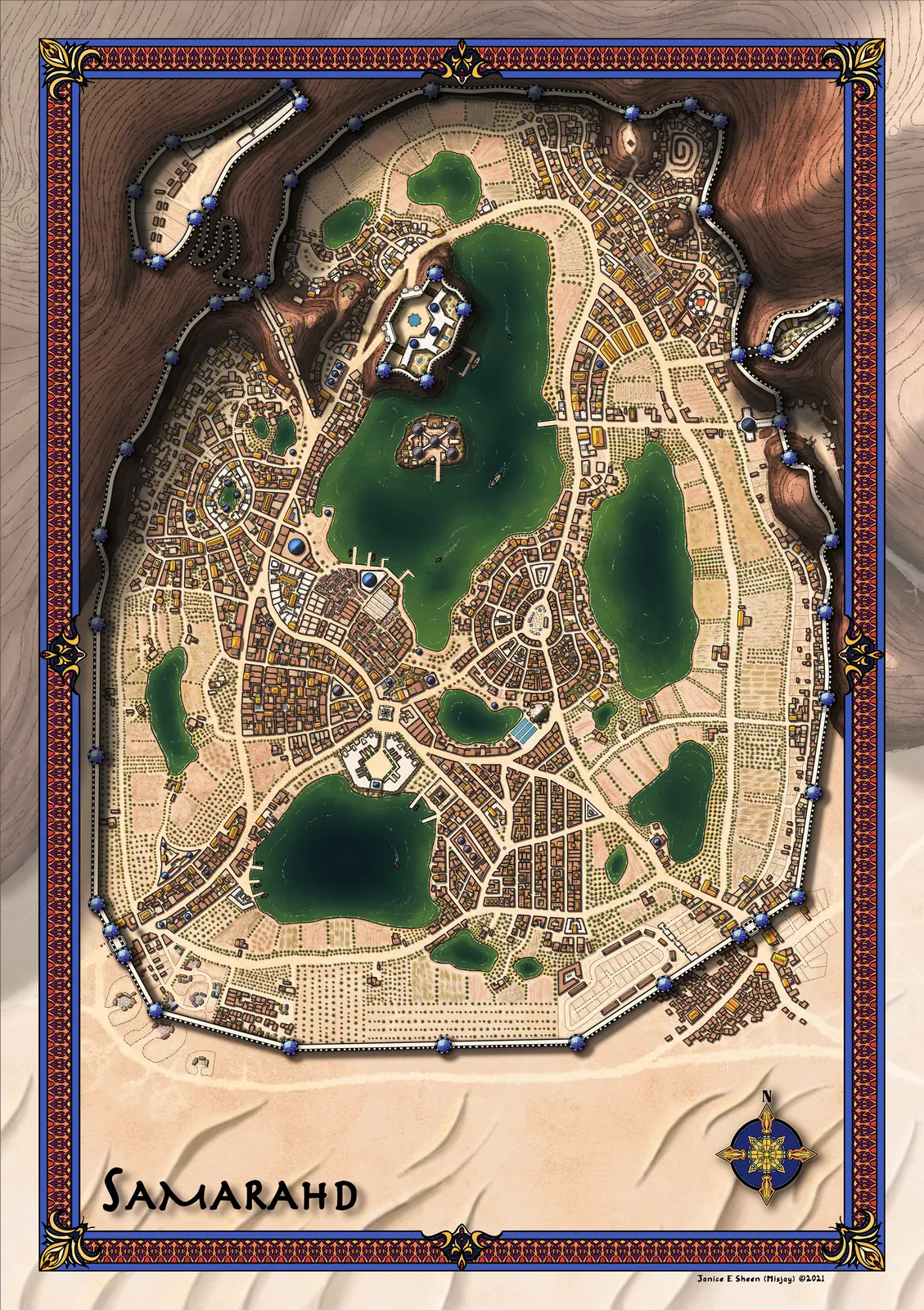 Samarahd desert city map showing walled districts and lakes