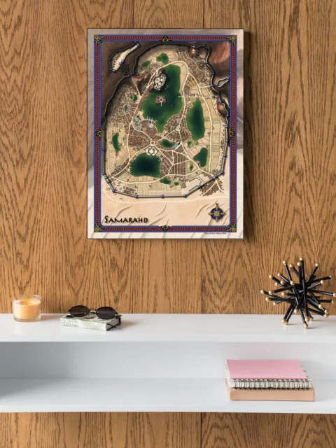 Illustrated fortified metropolis surrounded by arid land