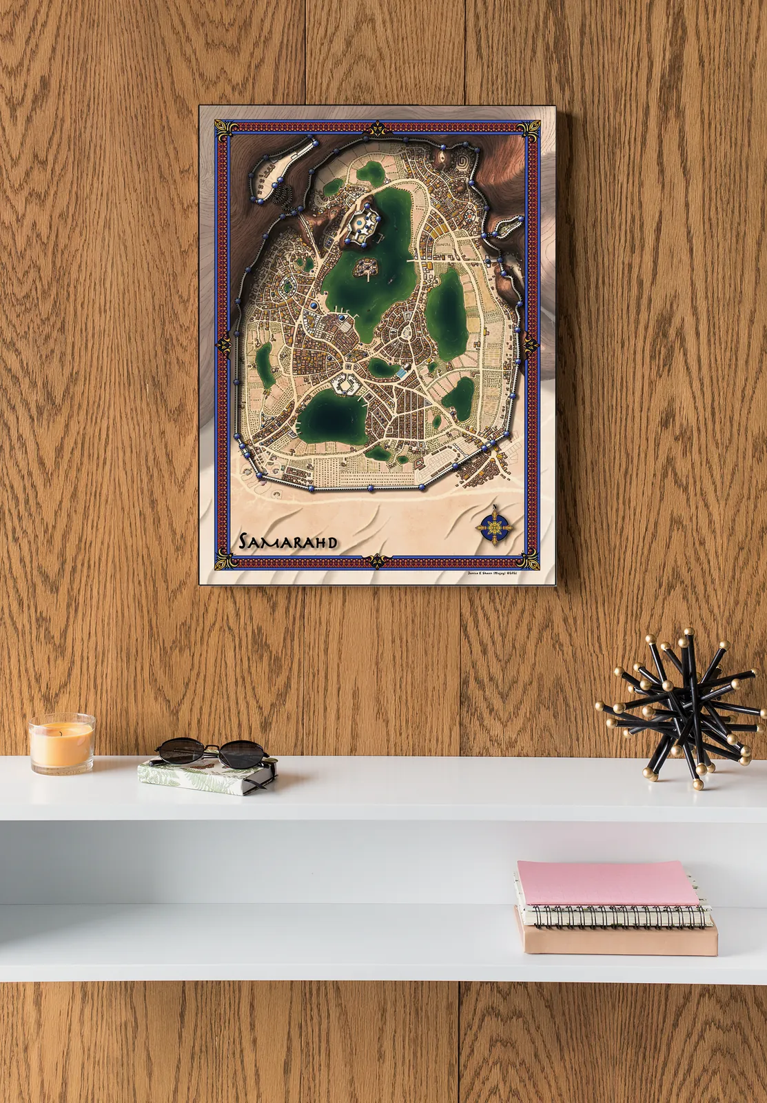 Illustrated fortified metropolis surrounded by arid land