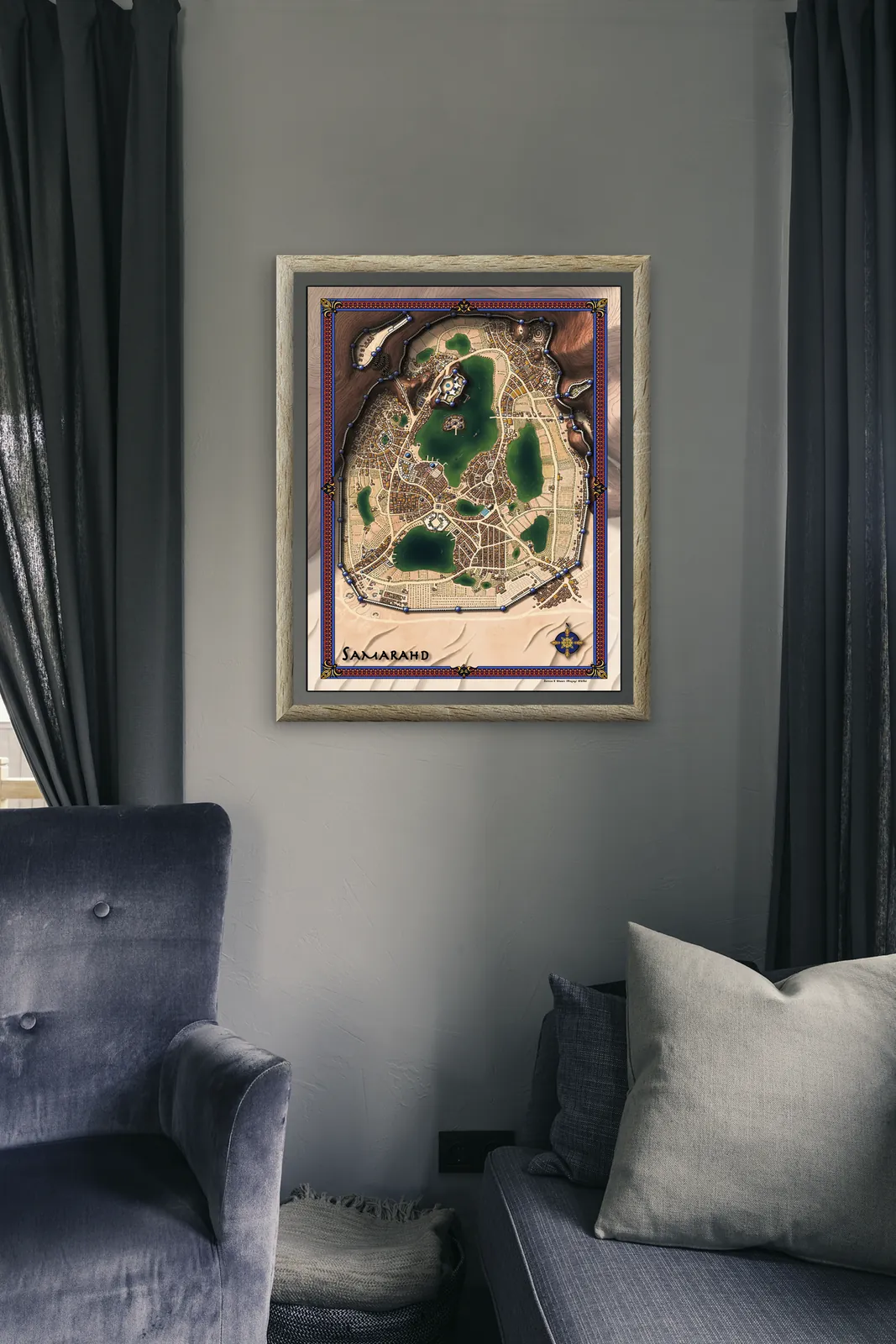 Top-down city built around multiple lakes