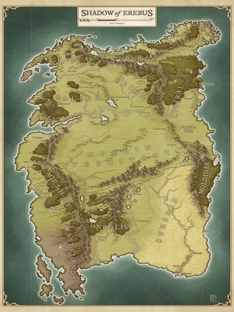 Illustrated fantasy world map highlighting borders and geographic features