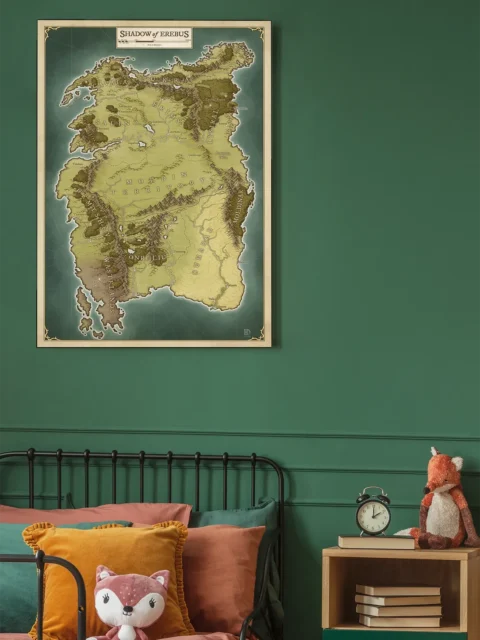 World-scale fantasy map featuring mountains, forests, and political regions