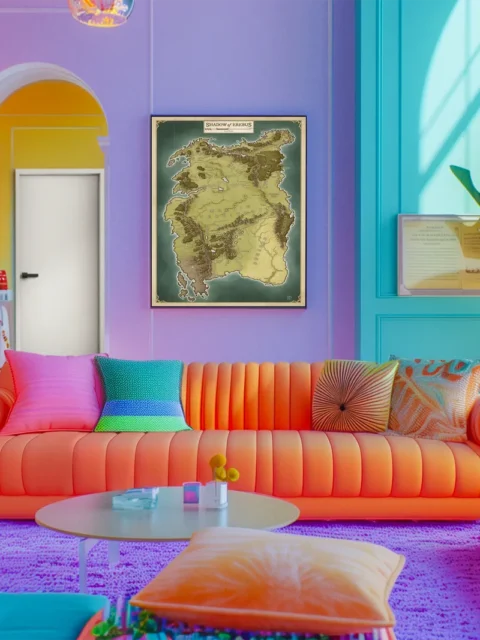 Top-down continental fantasy map with labeled lands and terrain