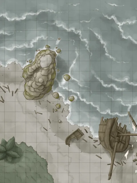 Top-down coastal encounter map featuring a wrecked boat and waves